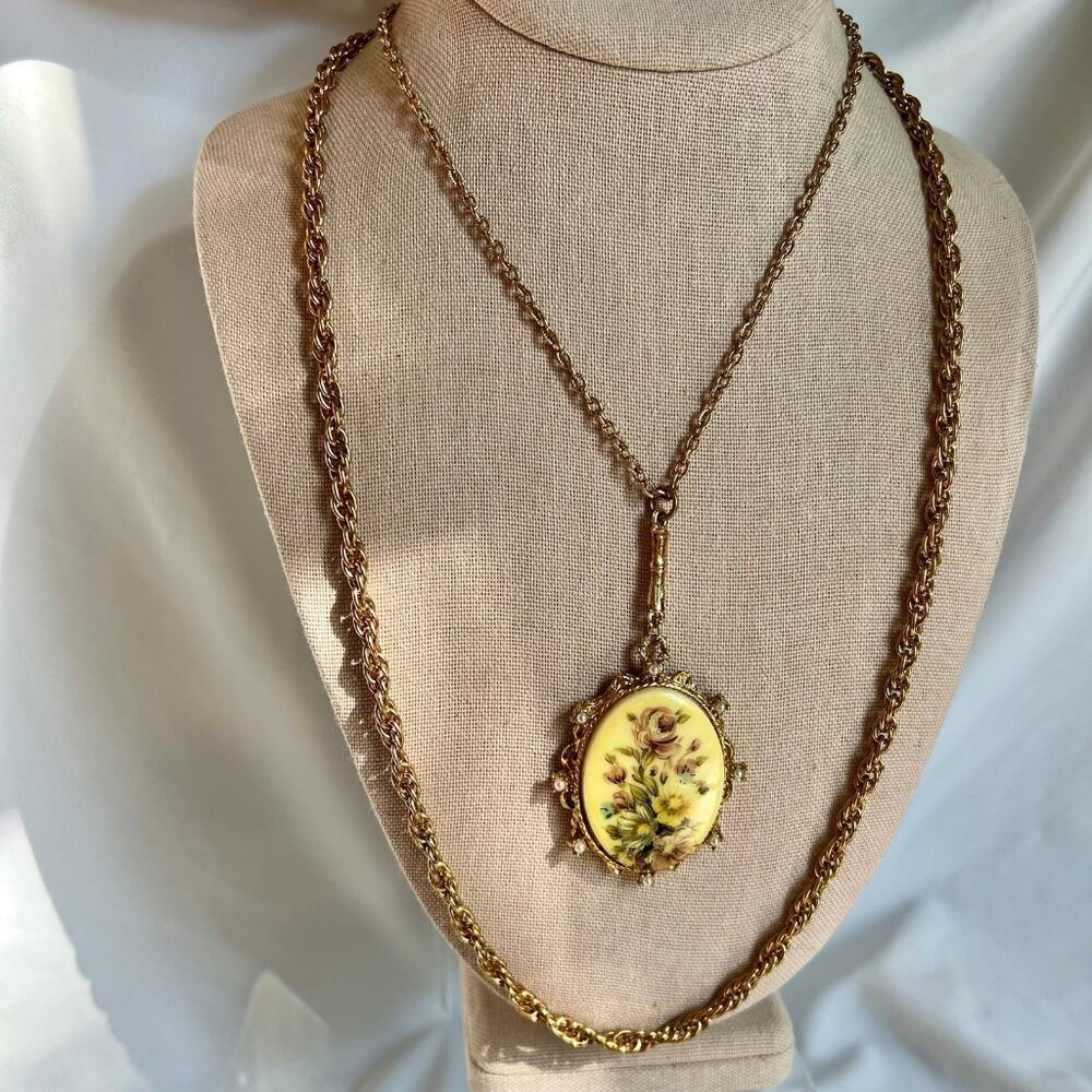Vintage Style Cottage Core Floral Oval Cameo Gold Tone Double Chain Necklace